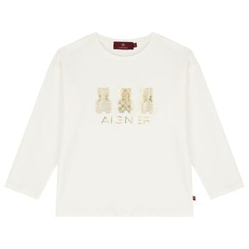 Girls Ivory & Gold Teddy Bear Logo Long Sleeve Top