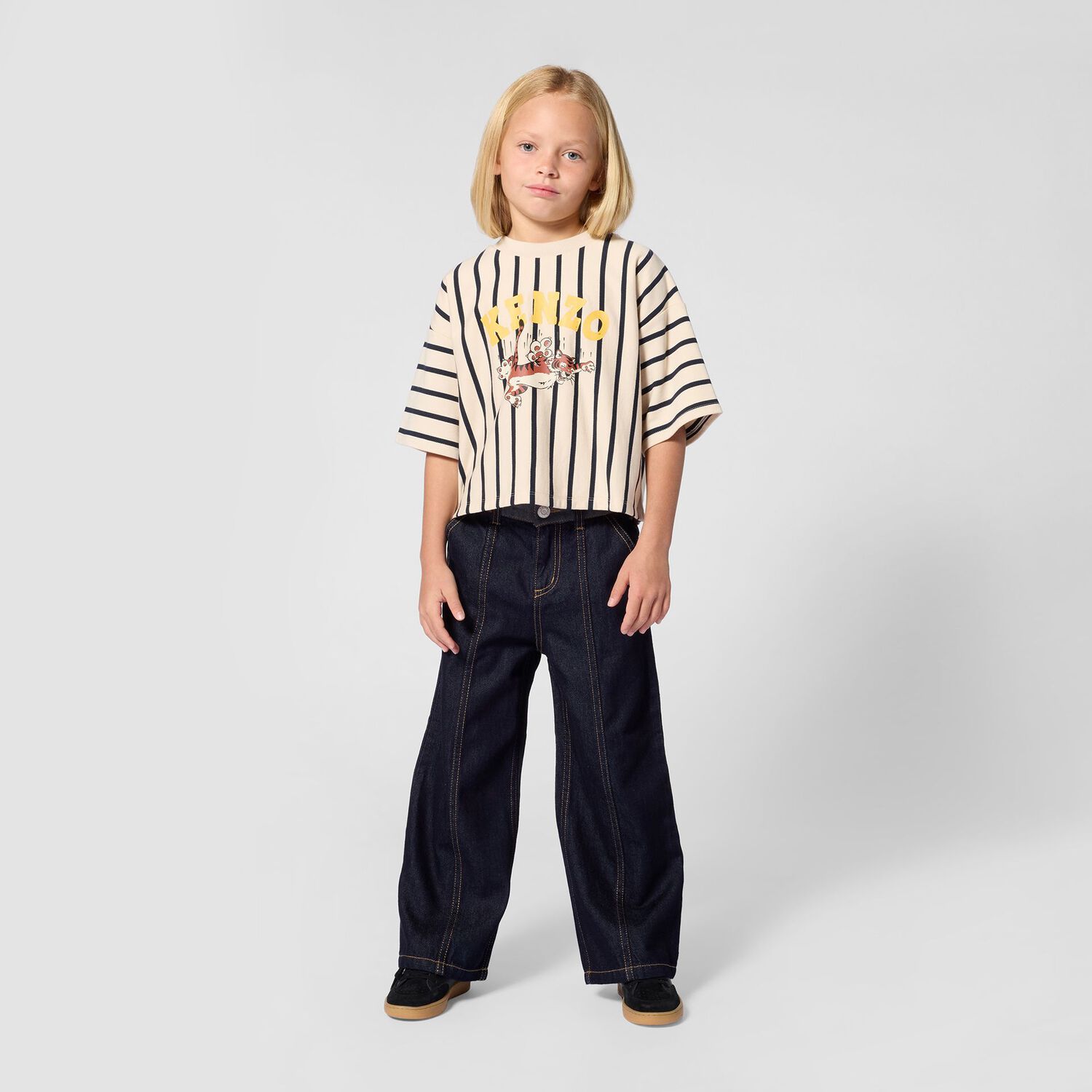 Girls Ivory & Black Tiger Logo T-Shirt, 1, hi-res