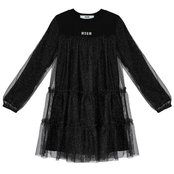 Girls Black Logo Tulle Dress