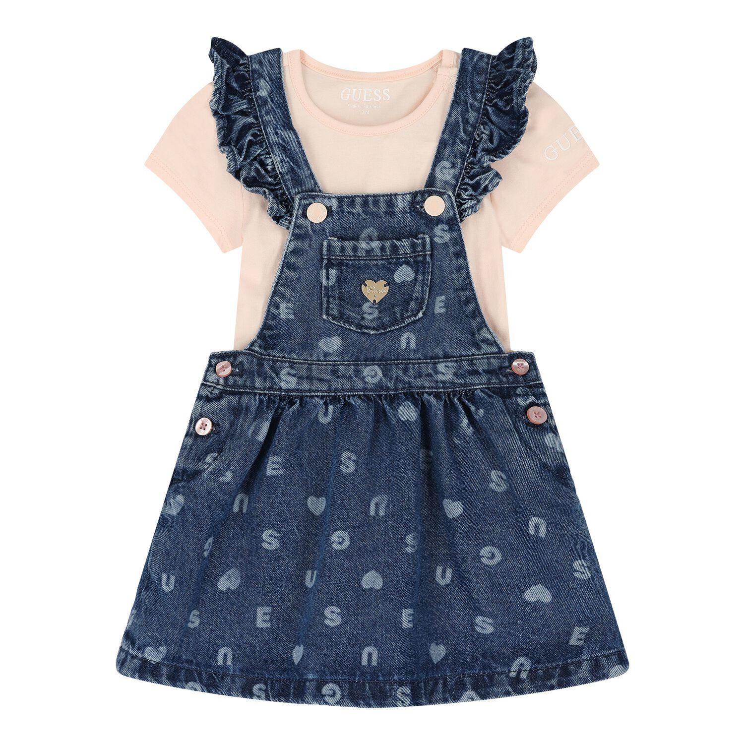 Baby Girls Pink & Denim Blue Dungaree Set, 1, hi-res