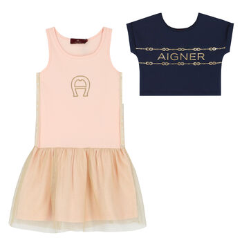 Girls Navy & Pink 2 In 1 Dress Set