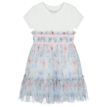 Girls White & Blue Butterfly Dress