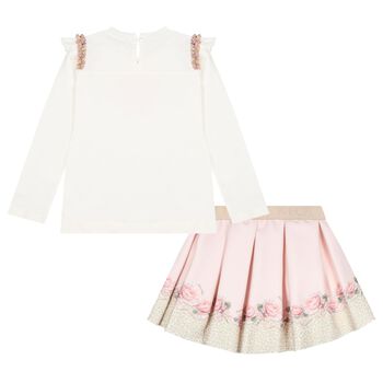 Girls Ivory & Pink Rose Skirt Set