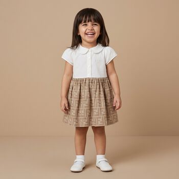 Baby Girls White & Beige FF Logo Dress