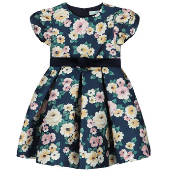 Girls Navy Floral Satin Dress