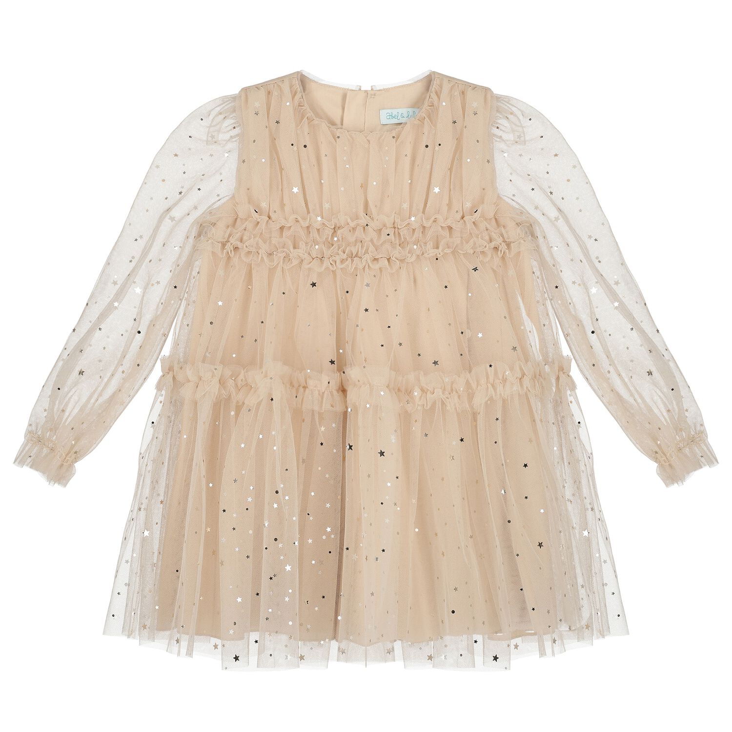 Girls Beige & Gold Star Tulle Dress, 1, hi-res