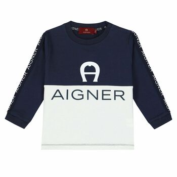 Younger Boys Navy Blue and White Logo Long Sleeve Top