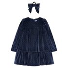 Girls Navy Blue Sparkle Velvet Dress Set, 3, hi-res