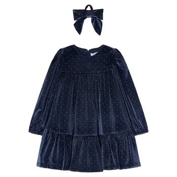Girls Navy Blue Sparkle Velvet Dress Set
