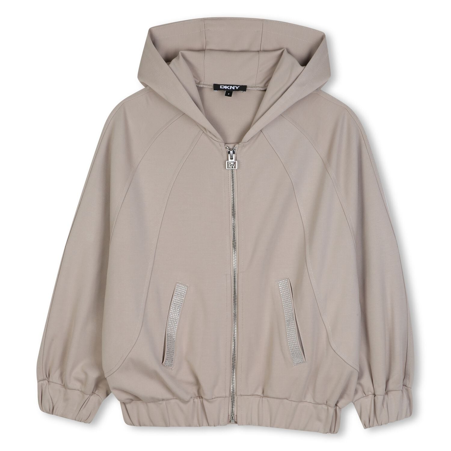 Girls Beige Embellished Hooded Zip Up Top, 1, hi-res