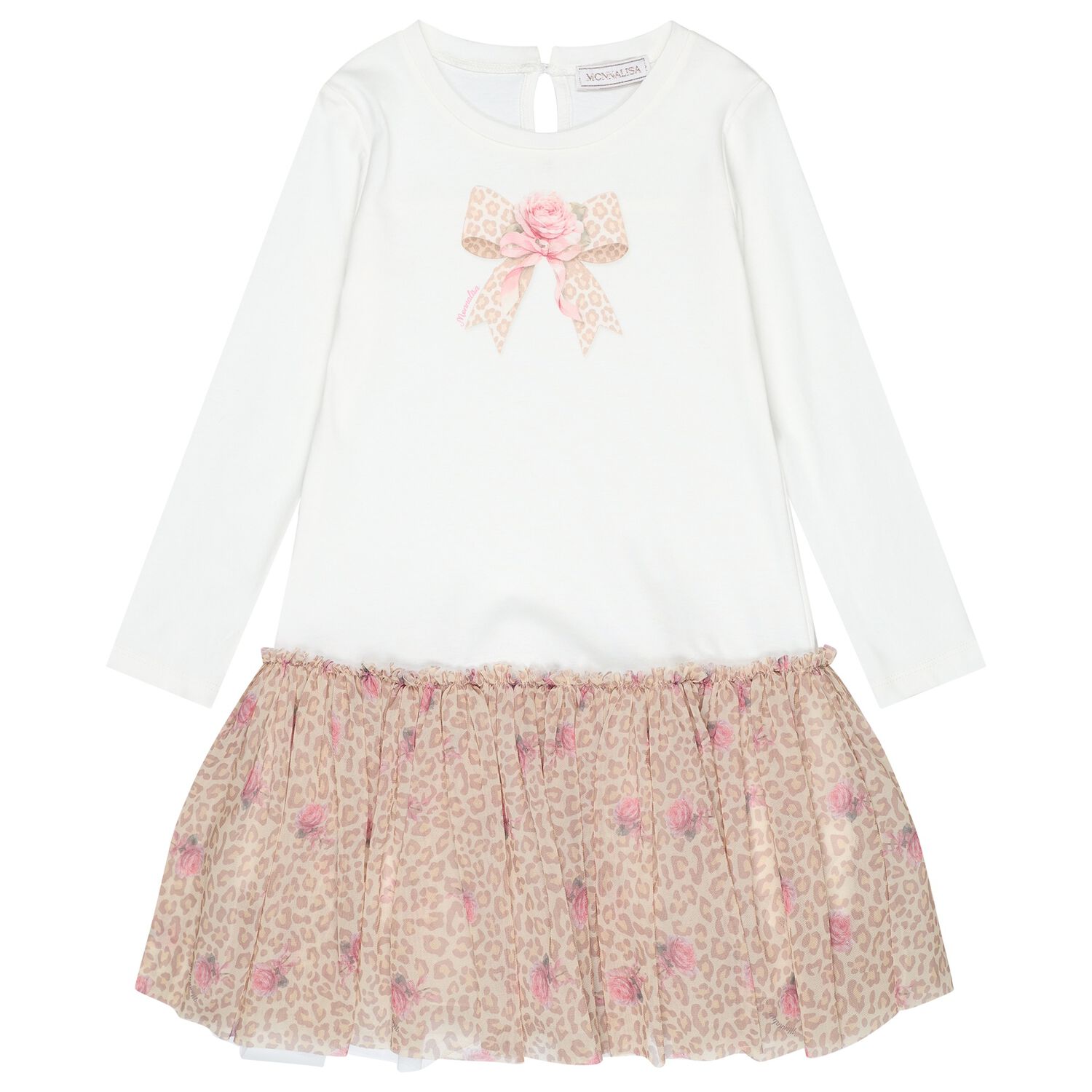 Girls Ivory & Beige Bow Tulle Dress , 1, hi-res