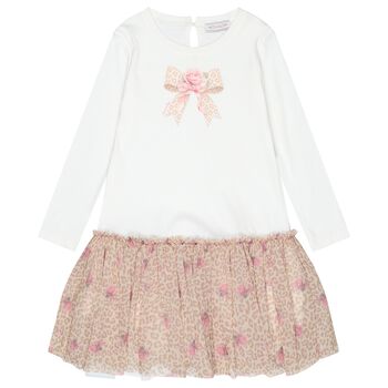 Girls Ivory & Beige Bow Tulle Dress 