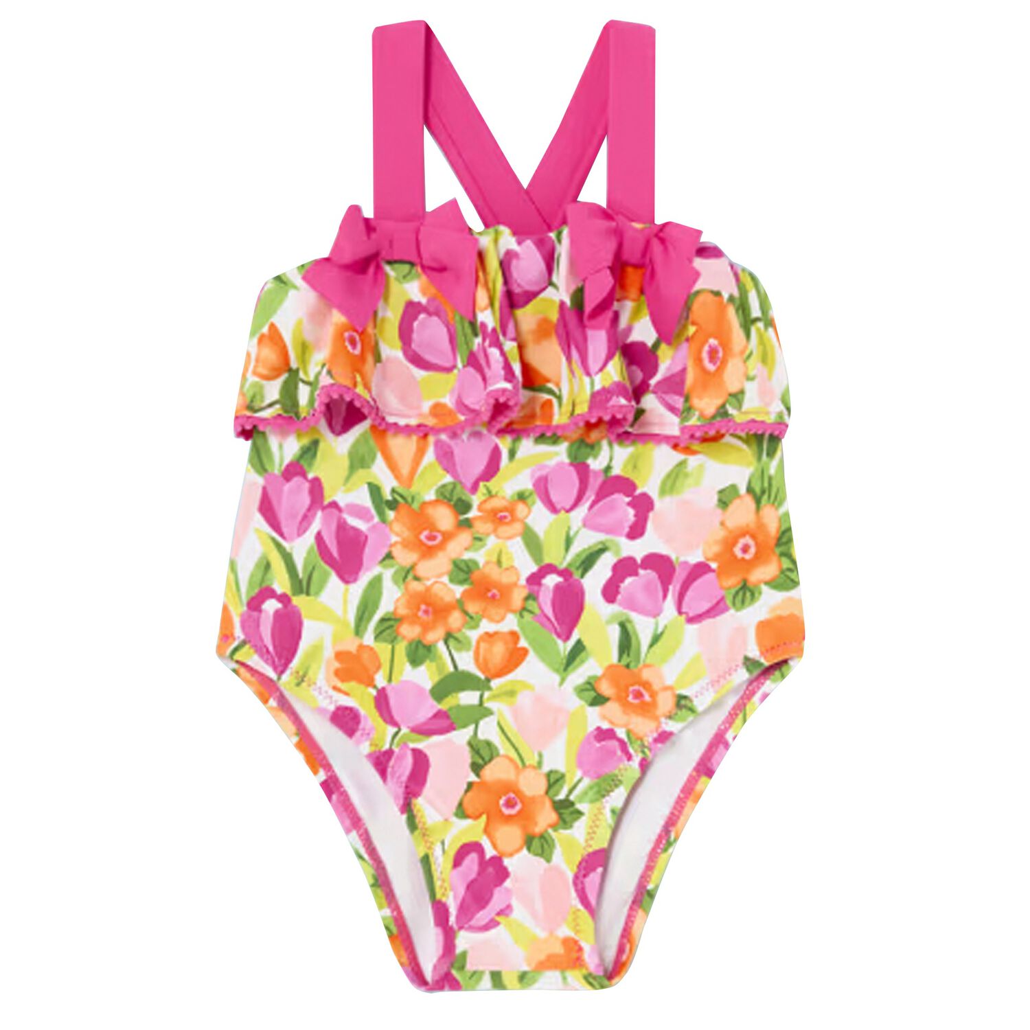 Younger Girls Green & Pink Floral Swimsuit, 1, hi-res