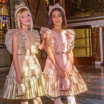 Girls Gold Tulle Ruffled Dress