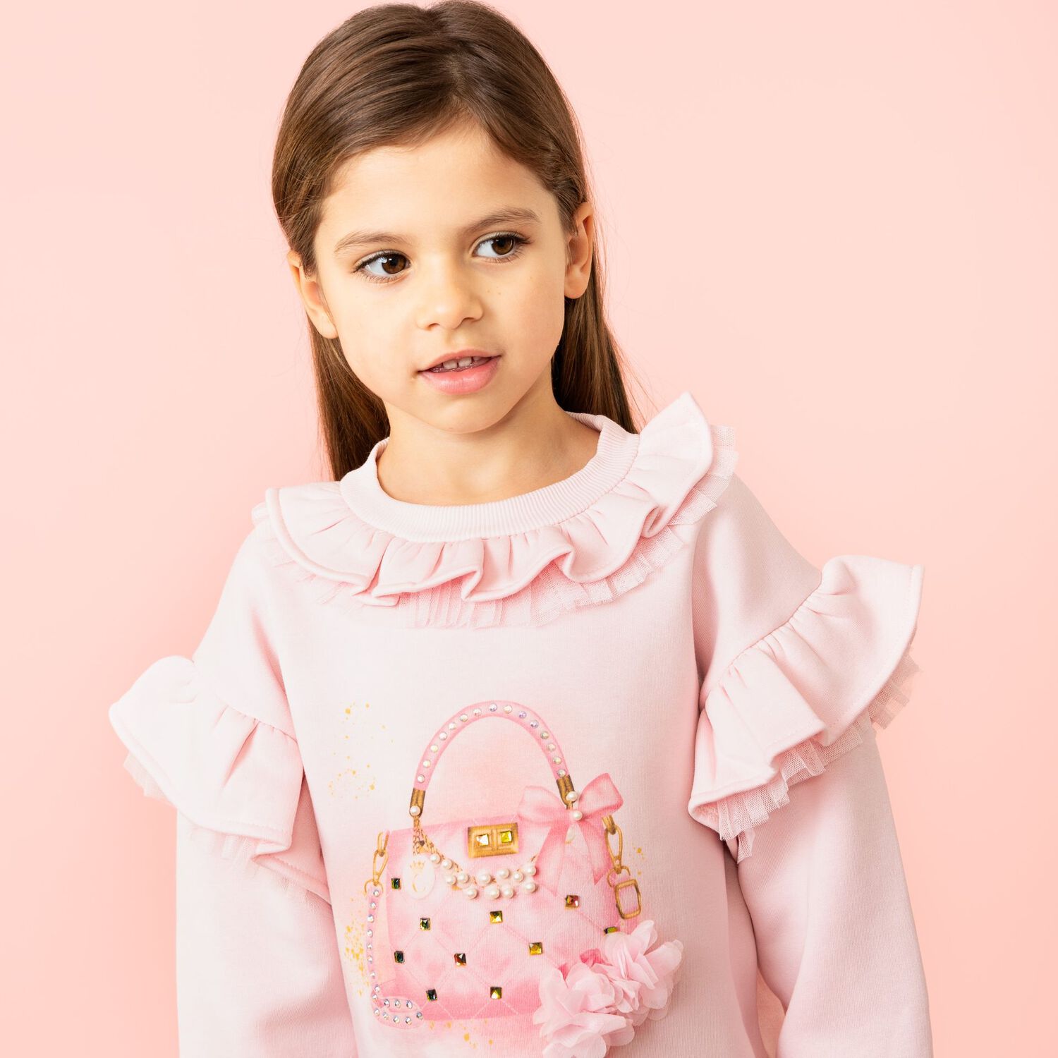 Girls Pink Logo Bag Ruffled Dress, 2, hi-res image number null