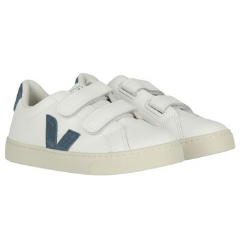 White & Blue Logo Leather Trainers 