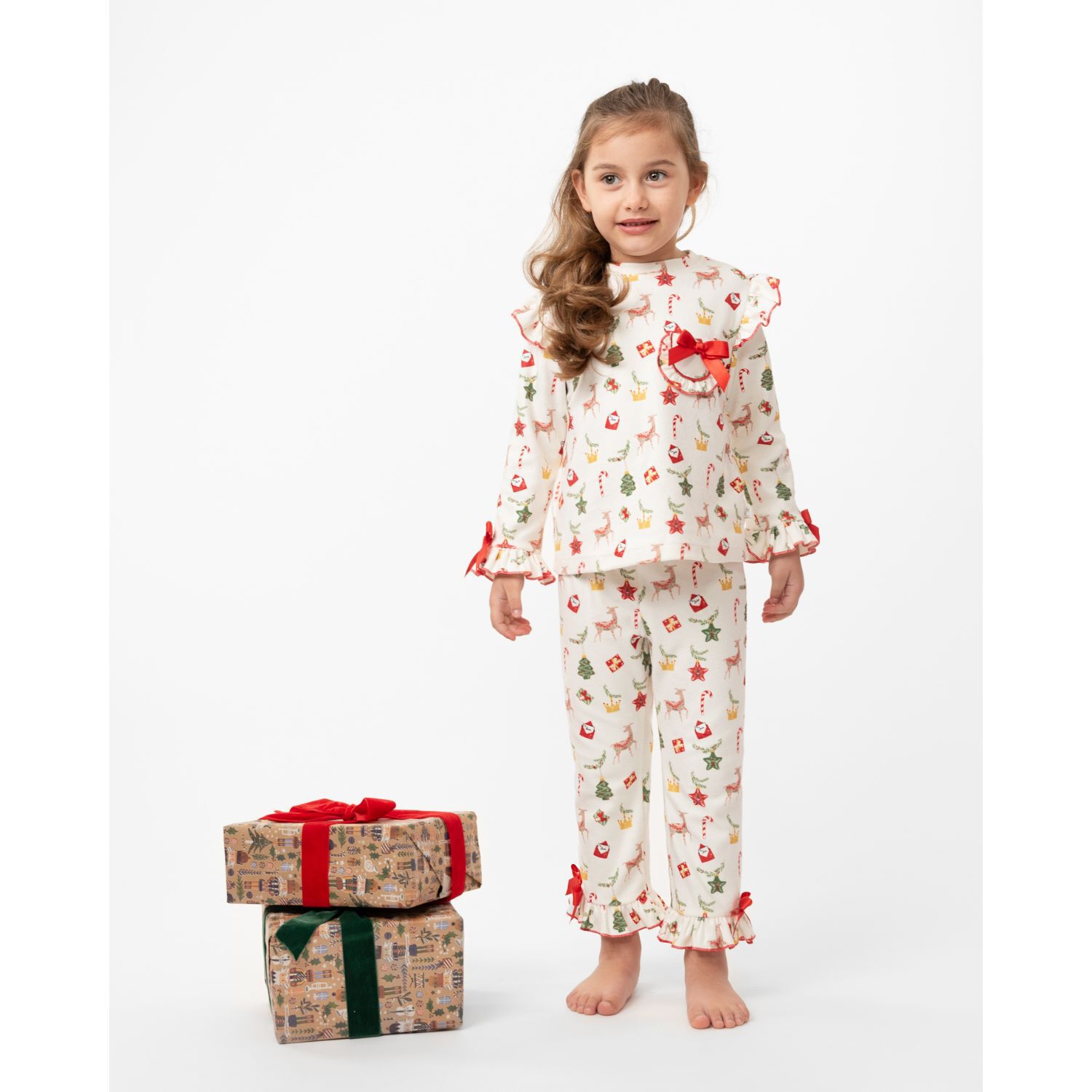 Girls Ivory & Red Ruffled Pyjamas, 1, hi-res