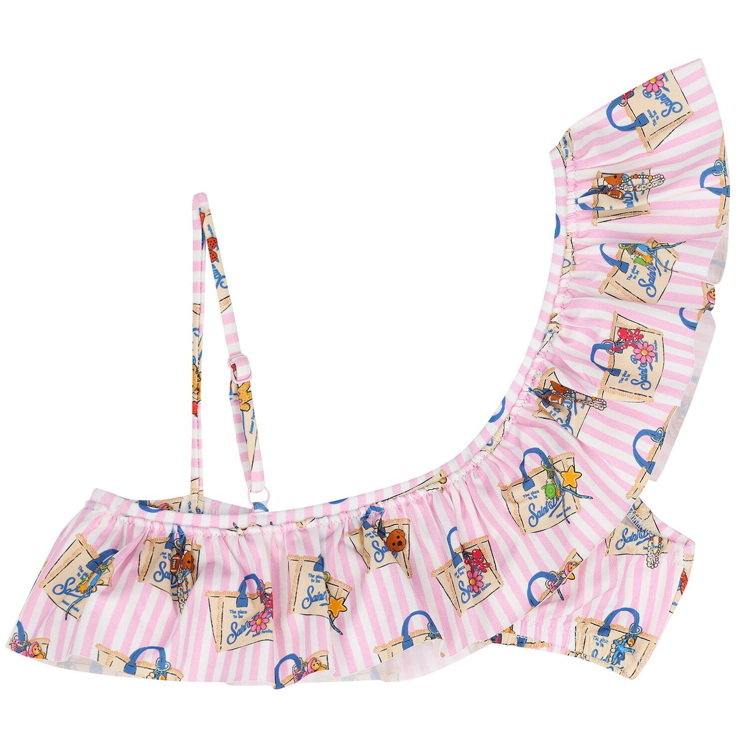 Girls White & Pink Ruffled Striped Bikini, 1, hi-res