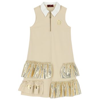 Girls Beige & Gold Logo Dress