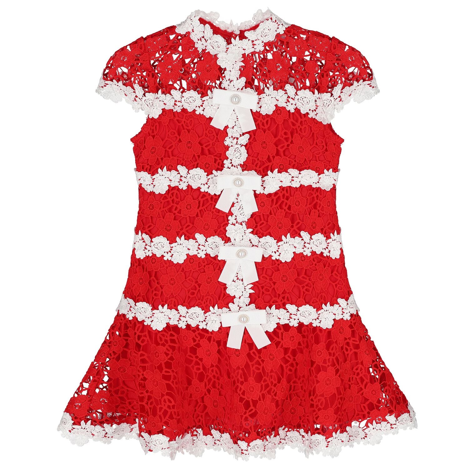 Girls Red & White Embroidered Floral Dress, 1, hi-res