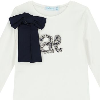 Girls Ivory & Navy Blue Bow Long Sleeve Top