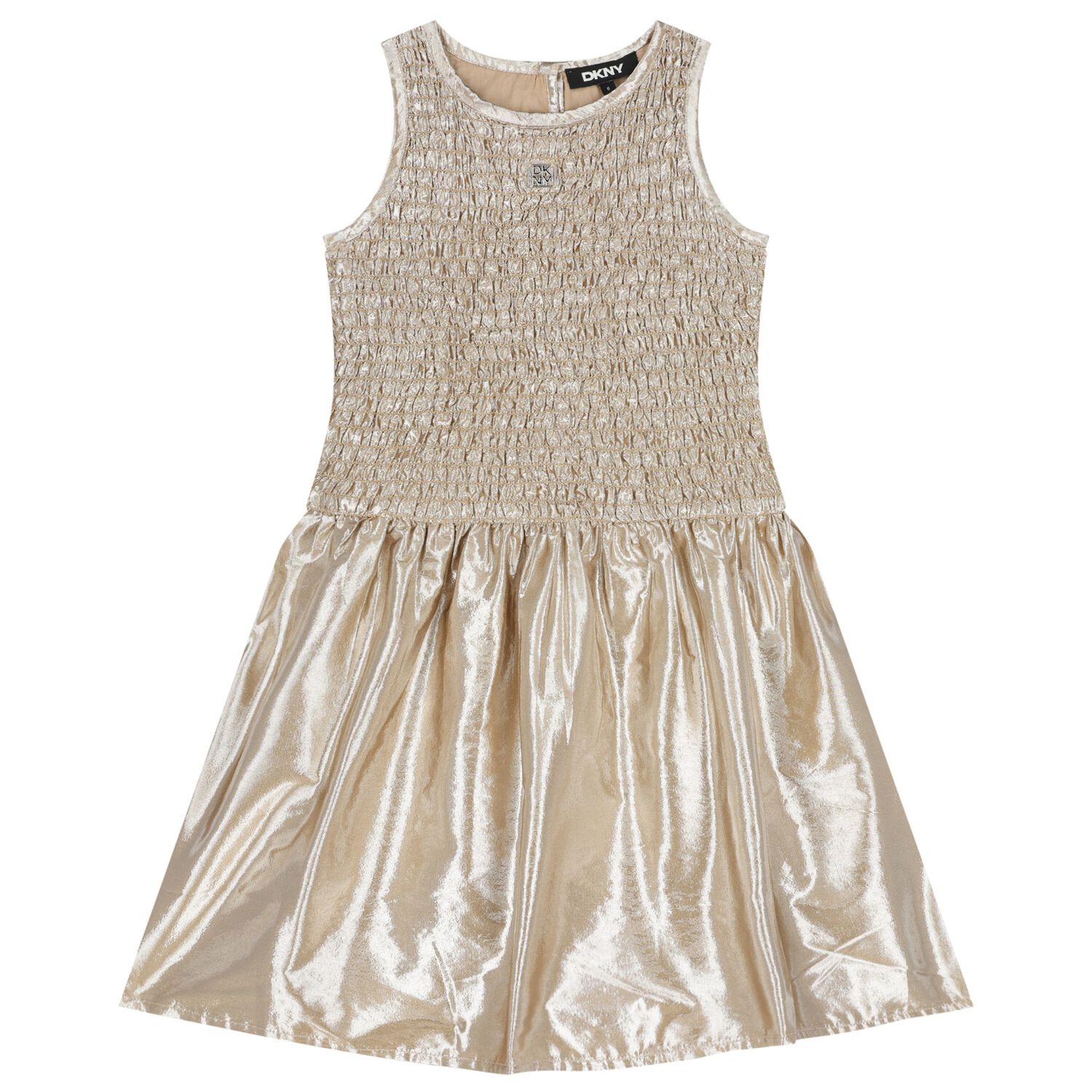 Girls Metallic Gold Logo Ruched Dress, 1, hi-res