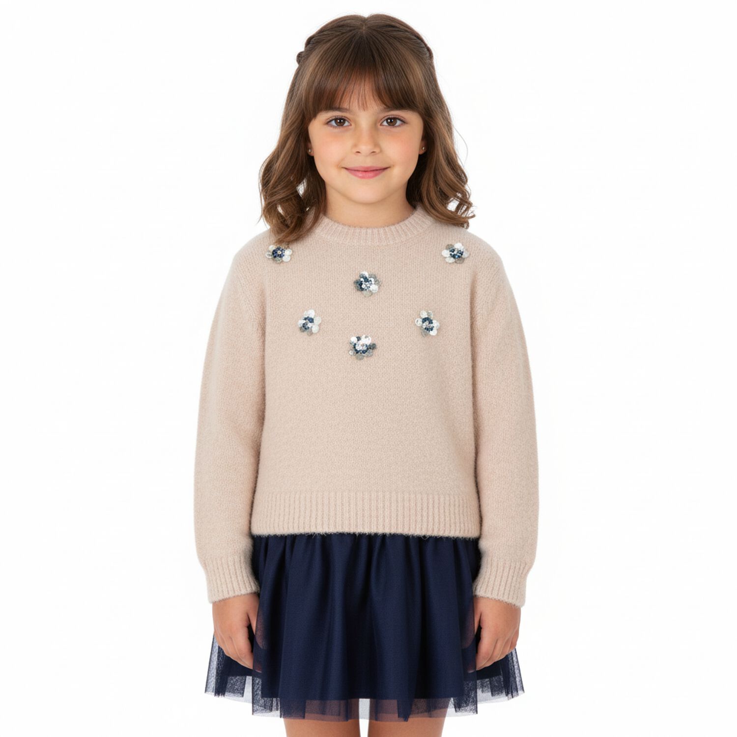 Girls Beige & Navy Blue Tulle Dress Set, 2, hi-res
