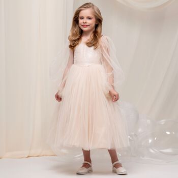 Girls Beige Bow & Tulle Ariel Dress