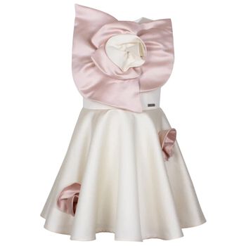 Girls White & Pink Flower Satin Dress