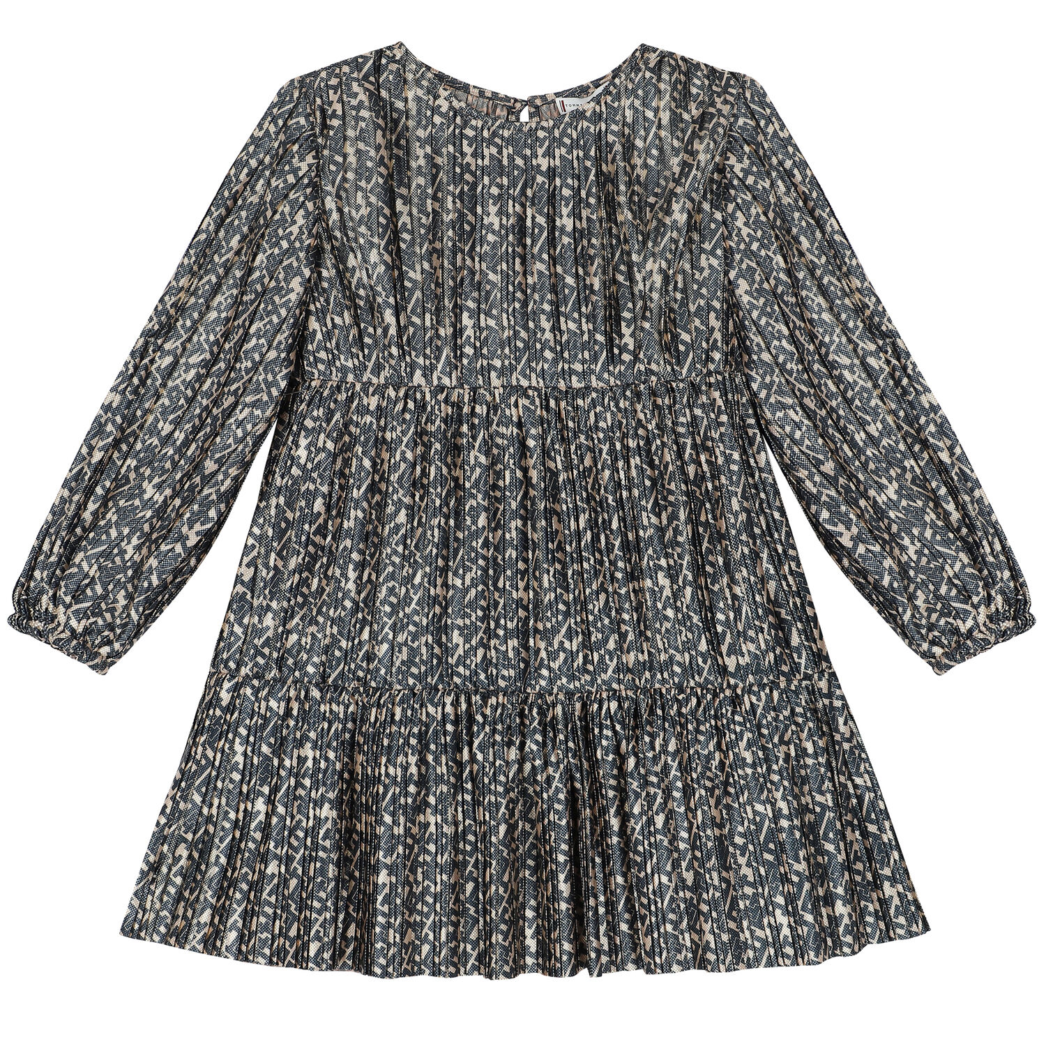 فستان بطيات بالشعار باللون الذهبى والكحلى, 1, hi-res