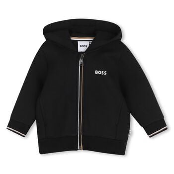 Younger Boys Black Logo Hooded Zip Up Top
