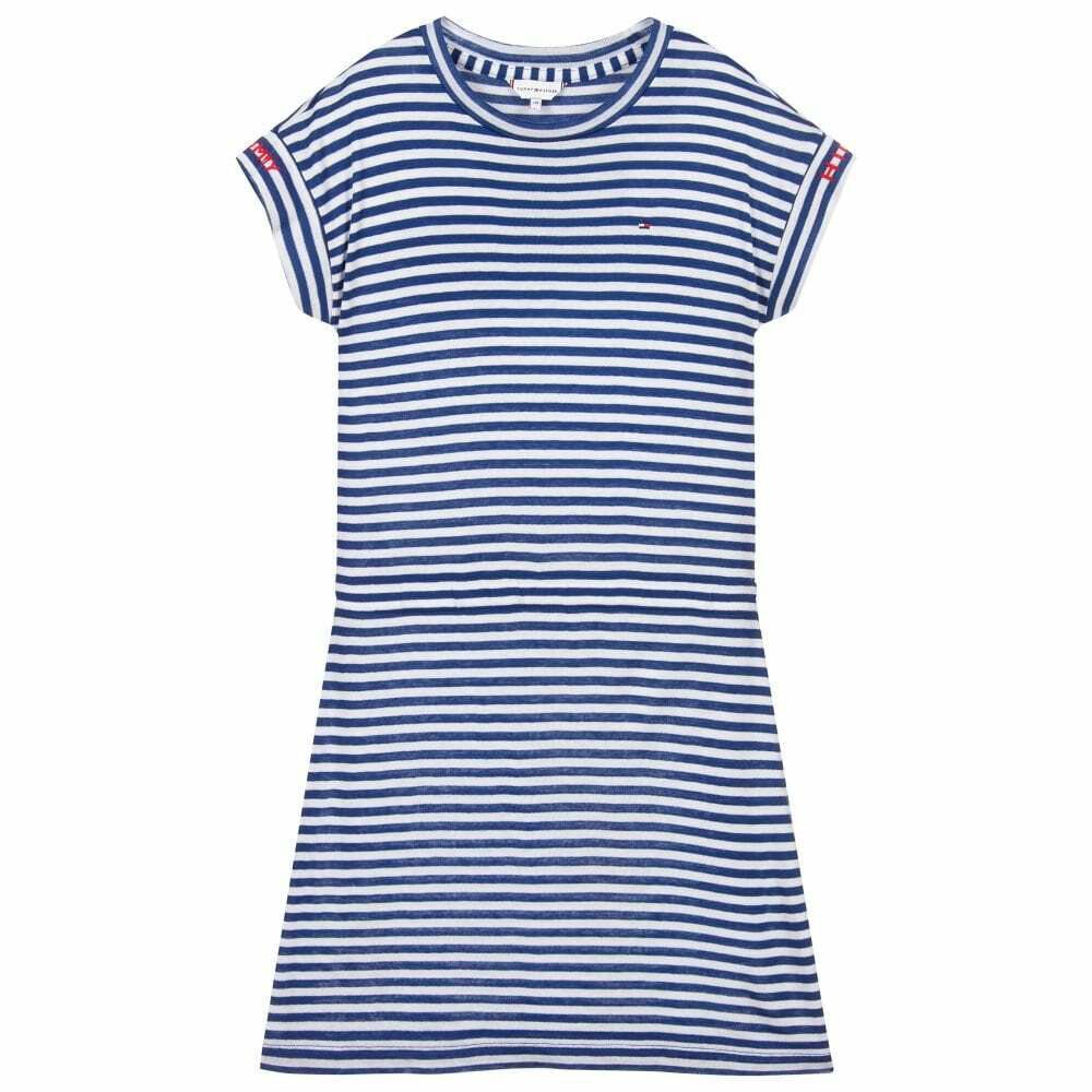 girls blue and white striped dress