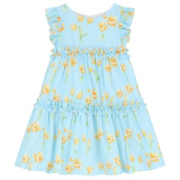 فستان بنات بطبعة الزهور باللون الأزرق والأصفر