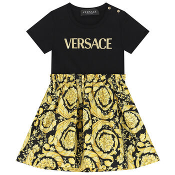 Younger Girls Black & Gold Barocco Logo Dress