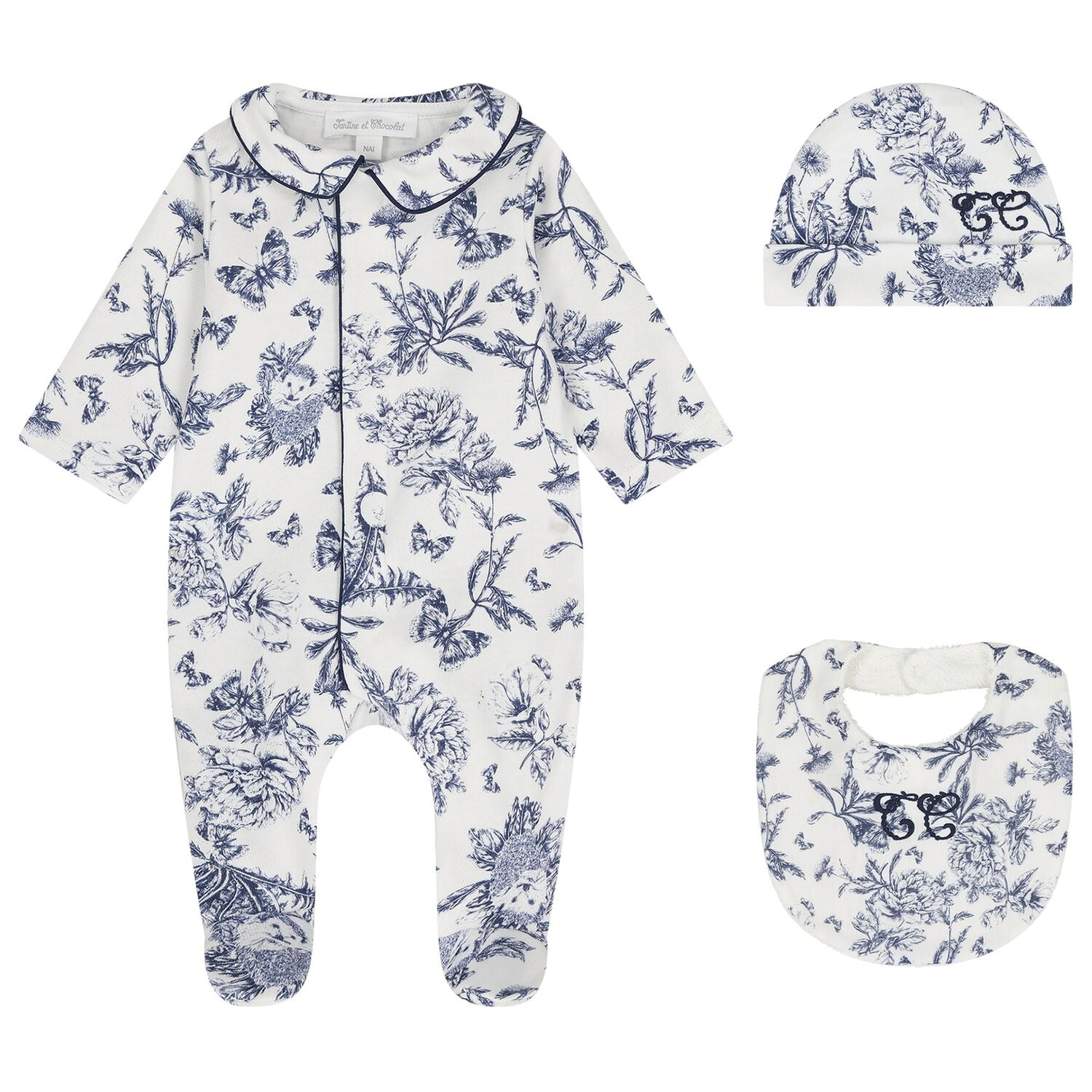 Ivory & Navy Blue Toile De Jouy Babygrow Gift Set, 1, hi-res
