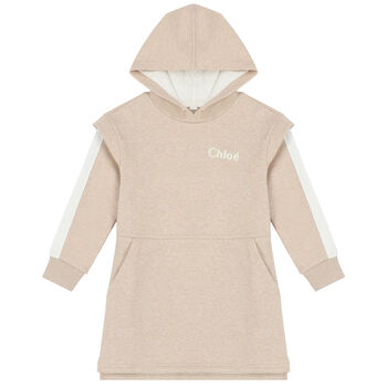 Girls Beige Logo Hooded Dress