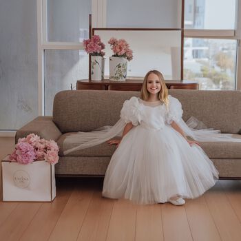 Girls White Organza Floral & Tulle Cape Dress