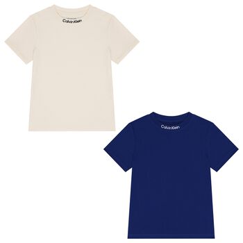 Boys Beige & Blue Logo T-Shirts ( 2-Pack )