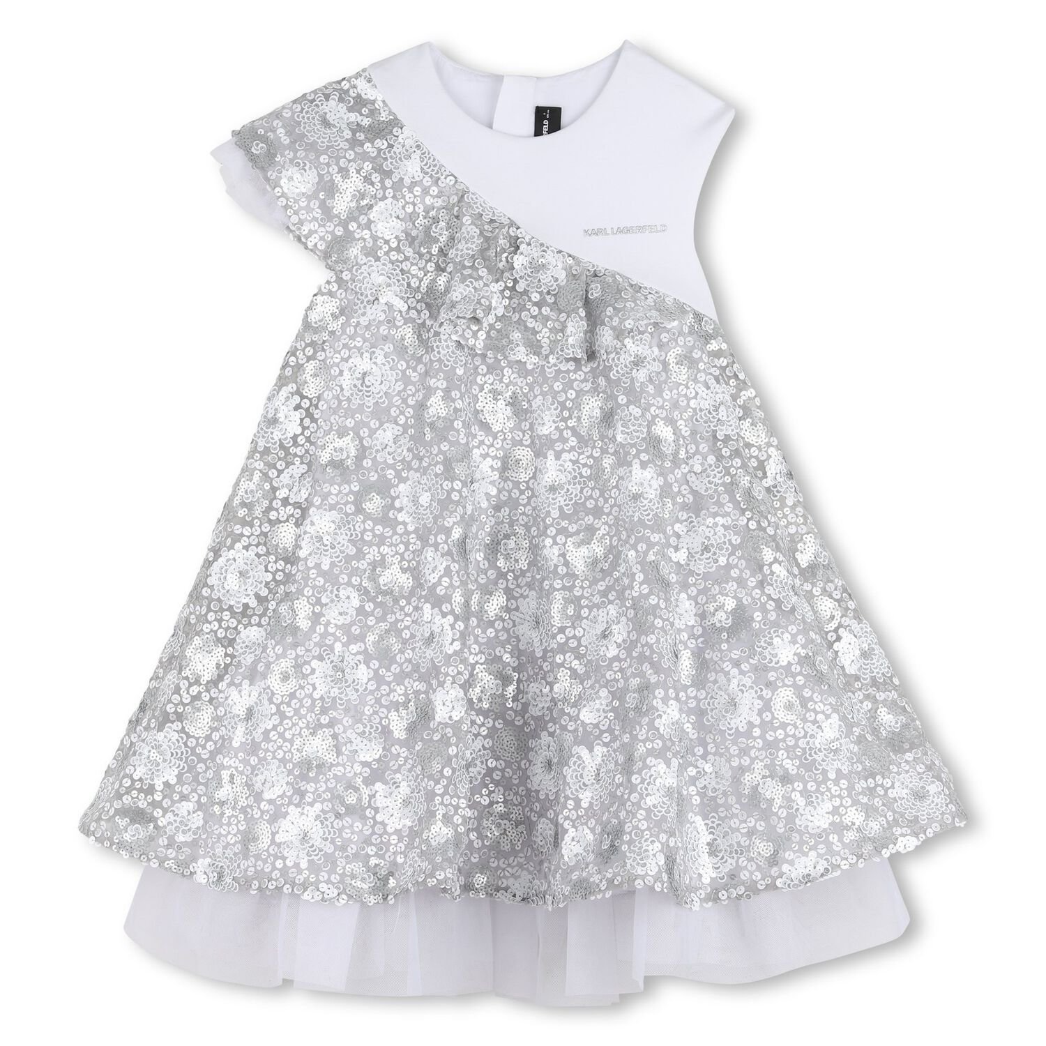 Girls White & Silver Logo Sequinned Organza Dress , 1, hi-res