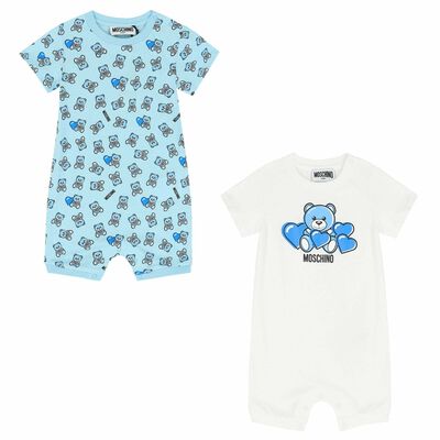 Baby Boys White & Blue Teddy Logo Rompers (2 Pack)