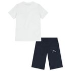 Boys White & Navy Blue Logo Shorts Set, 1, hi-res