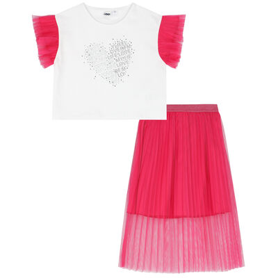 Girls White & Pink Heart Skirt Set