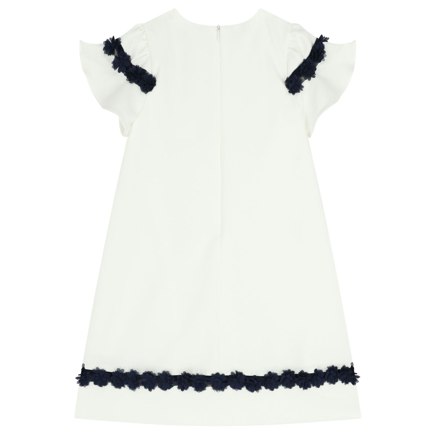 Girls Ivory & Navy Blue Flower Crepe Dress, 1, hi-res