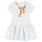 Girls White & Beige Bow Logo Dress, 2, hi-res