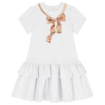 Girls White & Beige Bow Logo Dress