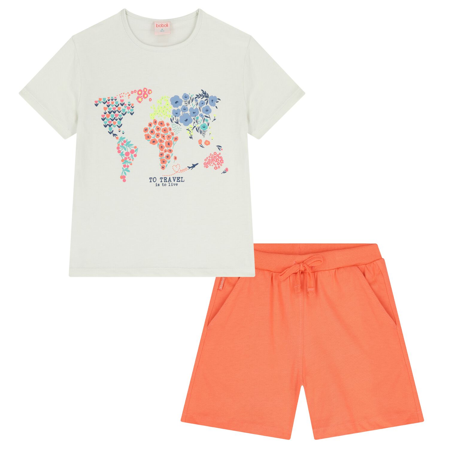 Girls White & Orange Floral Shorts Set, 1, hi-res