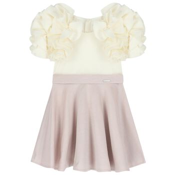 Girls White & Pink Jacquard Ruffle Dress