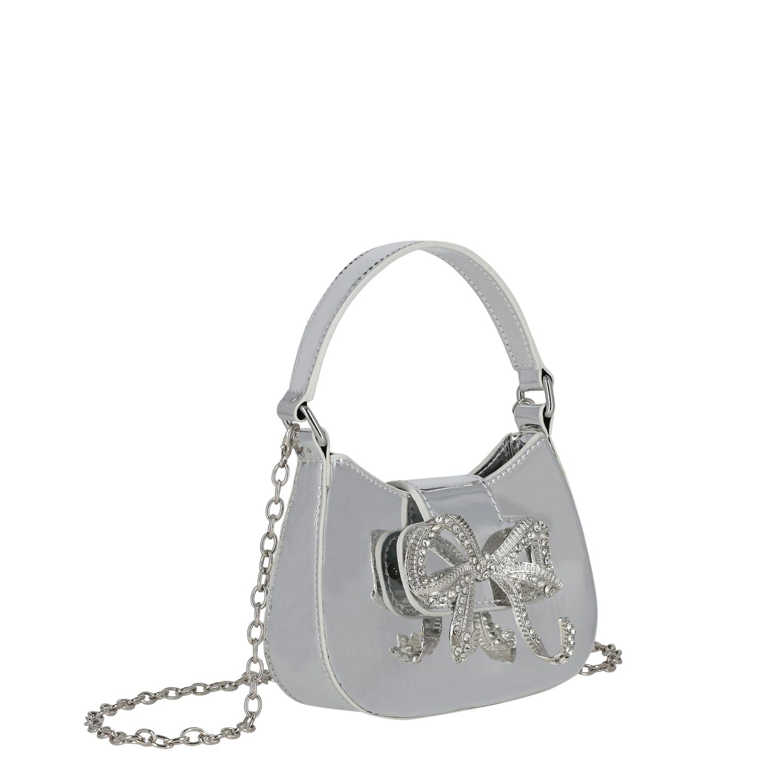 Girls Metallic Silver Diamante Bow Handbag ( 16CM ), 1, hi-res