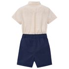 Boys Beige & Navy Blue Striped Shorts Set, 3, hi-res