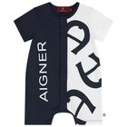 Baby Boys Navy Blue & White Logo Romper, 2, hi-res